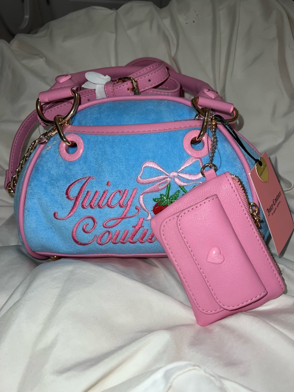 Juicy Couture Retro Strawberry Satchel Bag blue gleam Coin Purse Terry